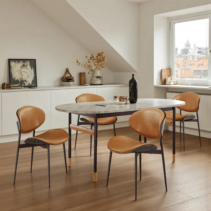 Set of 4 Mid-century Wood and Faux Leather Dining Chairs