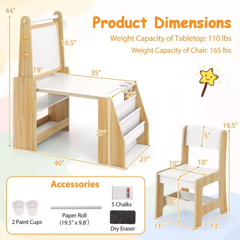 Costway Kids Art Table and Chair Set with Easel & Chair Whiteboard & Chalkboard Paper Roll