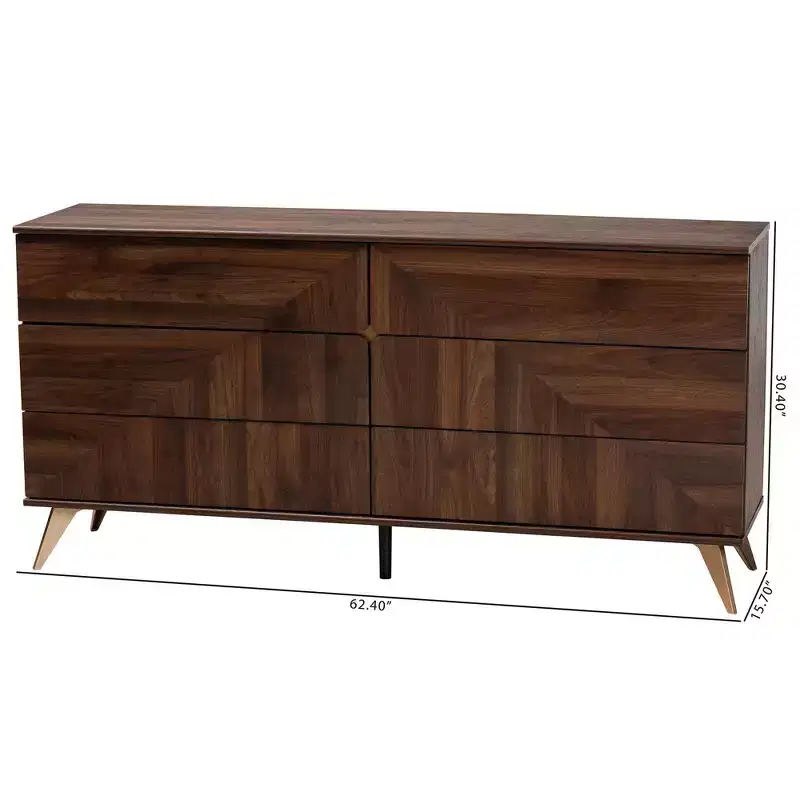 6-Drawer Mid-Century Dresser – Walnut Brown & Gold, Geometric Grain, Angled Legs