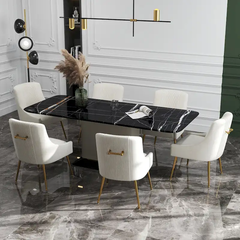 SEYNAR Modern Glam Boucle Pleated Velvet Dining Chair or Vanity Chair Set of 6 with Rear Handle