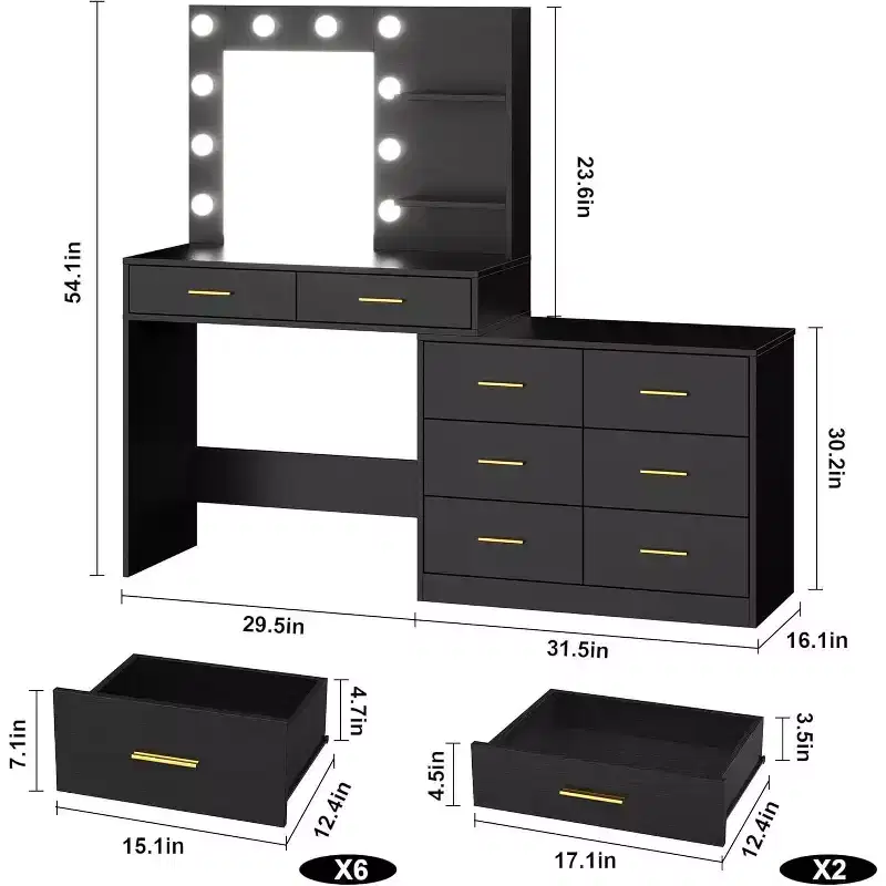 61 Make up Vanity Desk with Mirror and Lights, Vanity with 8 Wide Storage Drawers & 3 Lighting Modes with Adjustable Brightness for Bedroom
