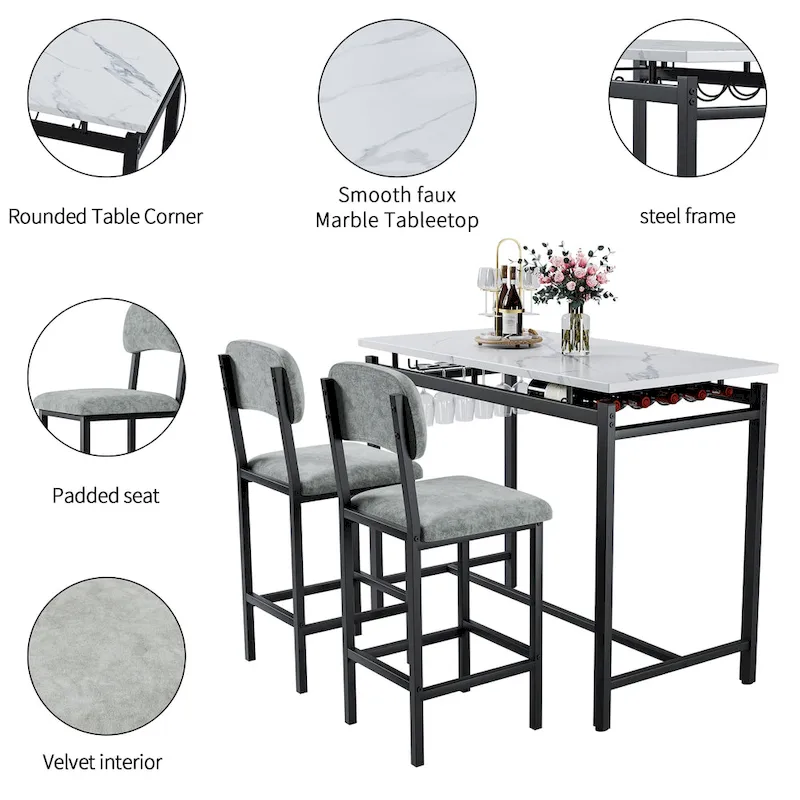 Modern Style 3-Piece Dining Set with Rectangular Table and 2 Upholstered Dining Chairs