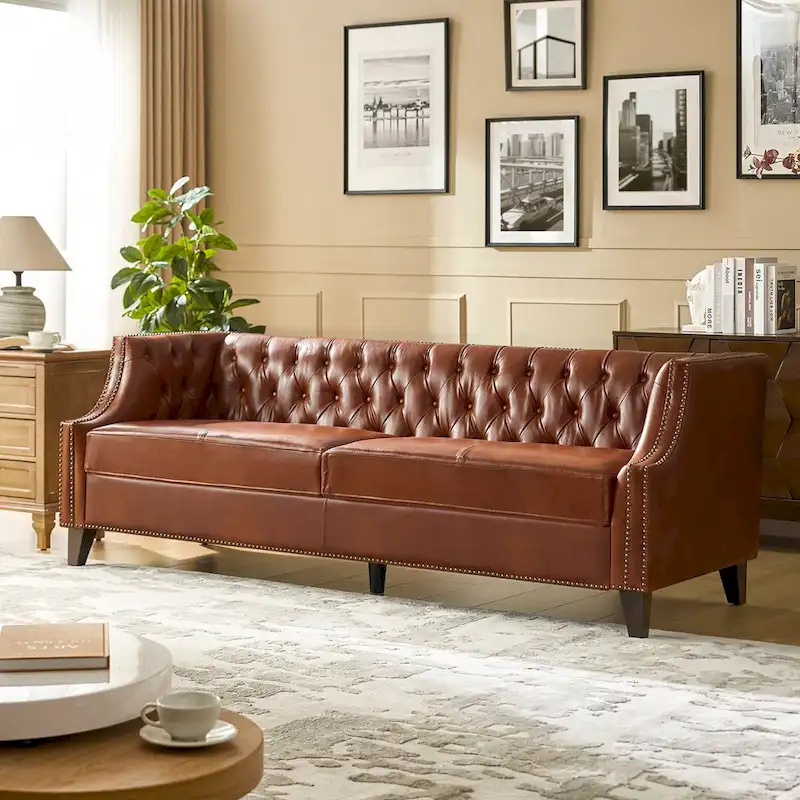 Eugne Transitional Genuine Leather Tufted Design Sofa with Solid Wood Legs by HULALA HOME