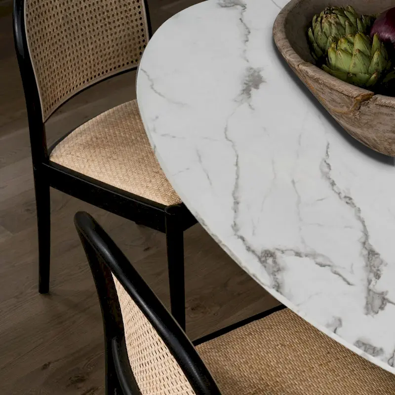 Oval White Faux Marble Topped Pedestal Dining Table