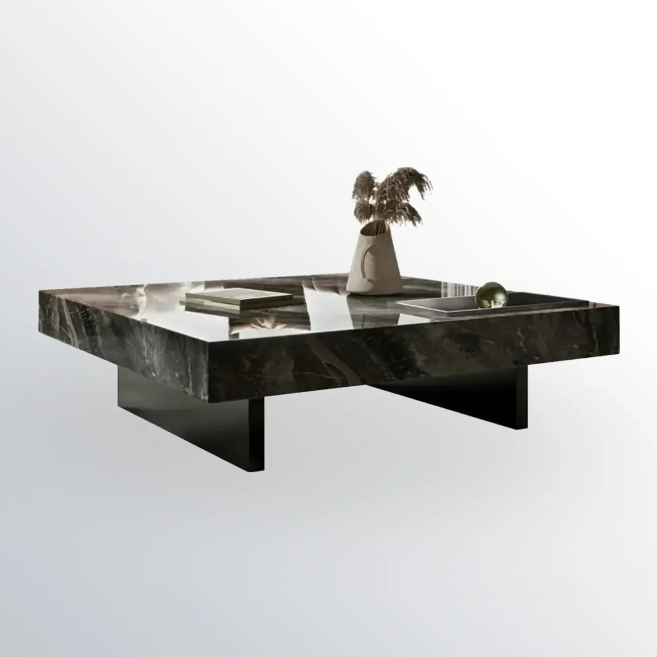 Modern Low Stone Square Coffee Table with Double Pedestal