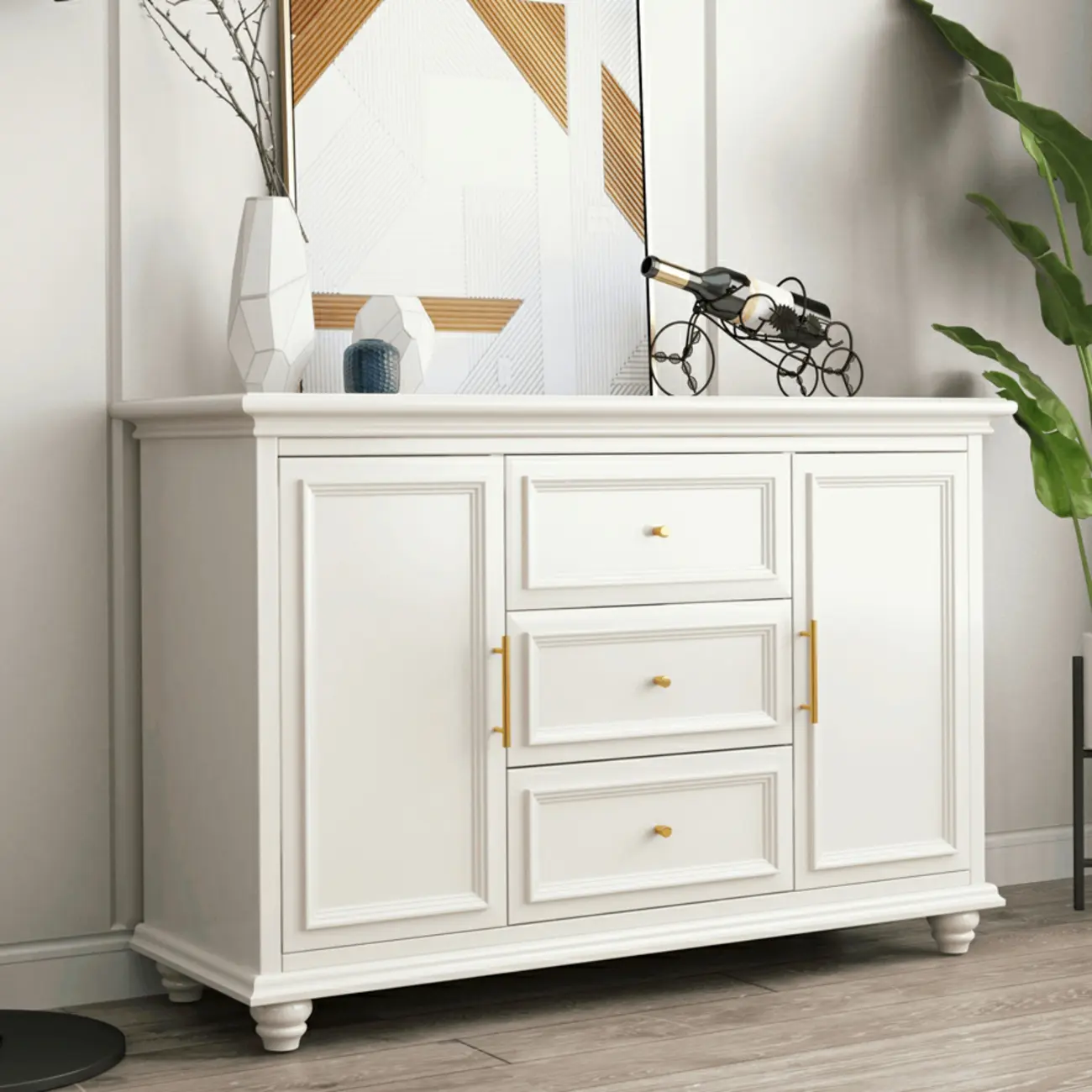 White Wooden Sideboard with 3 Drawers and Cabinets