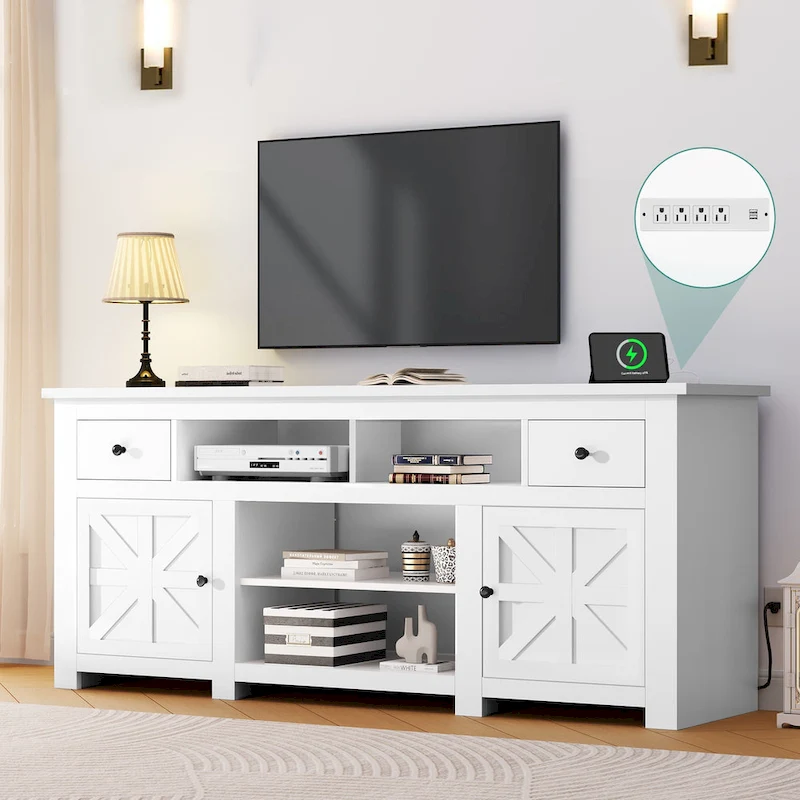 Moasis 70 Farmhouse TV Stand, Entertainment Center with Power Outlet for TVs Up to 80 Inch - 70L x 15.5W x 30H