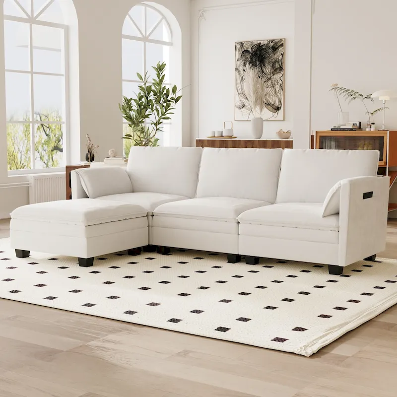 Christopher Knight Home - Noah Large 3-Seater L-Shaped Sofa with Movable Ottoman and Armrest Pockets, Fabric Upholstery