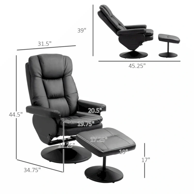 Swivel PU Leather Recliner Chair with Ottoman – Black, Single