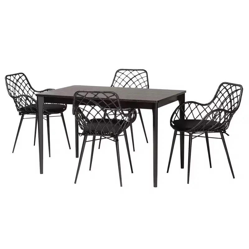 Black Rattan & Wood 5-Piece Dining Set for 4