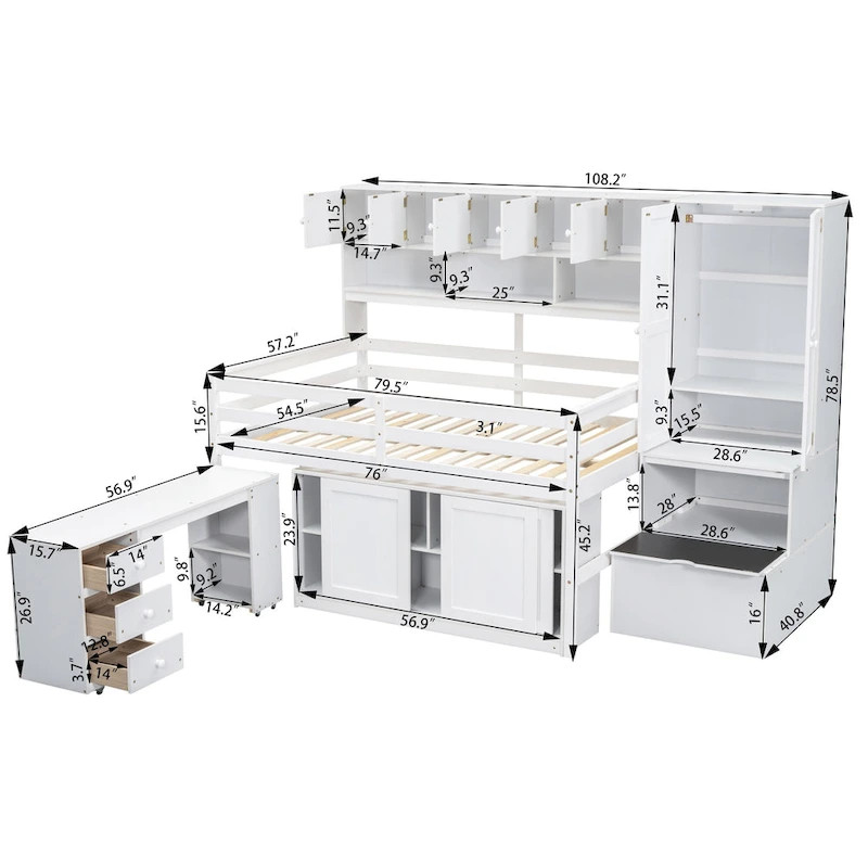 Wooden Loft Bed with Integrated Wardrobe, Under-bed Desk, Drawers, with Shelves