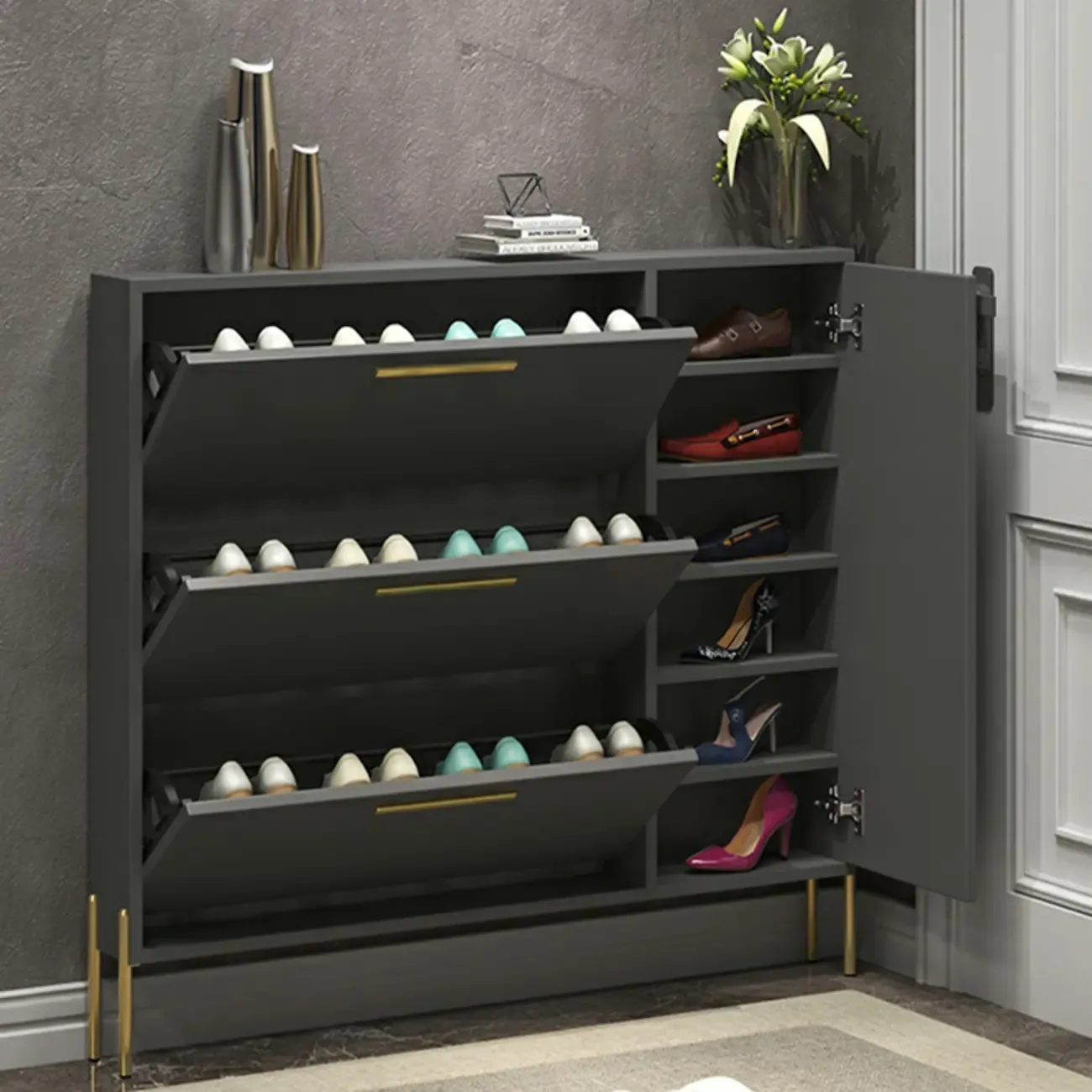 3-Tier Narrow Dark Gray Drop-Front Wood Shoe Cabinet