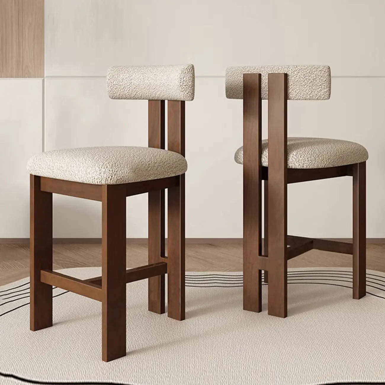 White Boucle Fabric Brown Wood Armless Bar Stools