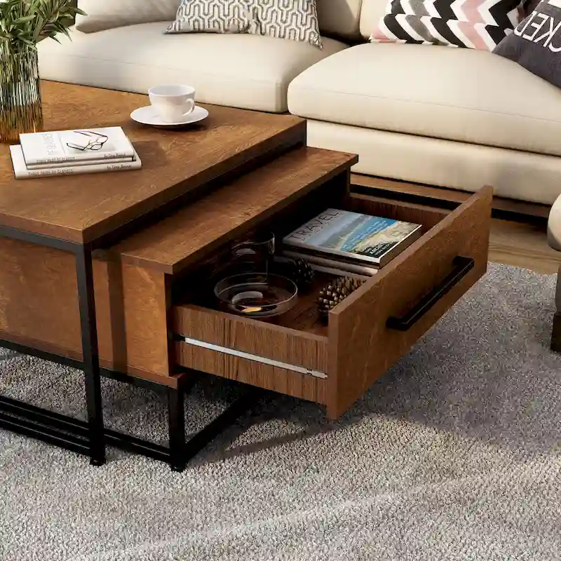 Saxon Rustic Brown Square 2-Piece Solid Wood Coffee Nesting Tables with 1-Drawer by Furniture of America