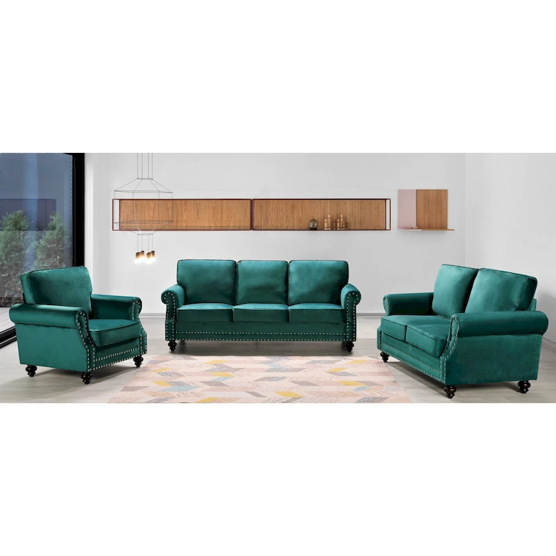 Ramos Nailhead Velvet 3-Piece Set-Loveseat Sofa and Chair