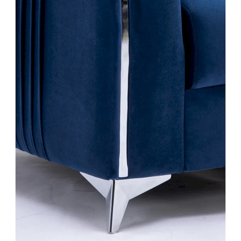 Blue Modern 38 Velvet UpholsteredAccent Chair with Polished Chrome Trim Legs and Vertical Pleated Design