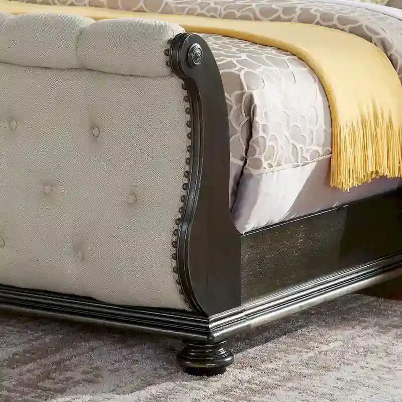 Beige Polyester Button-Tufted Sleigh Bed – King/Queen