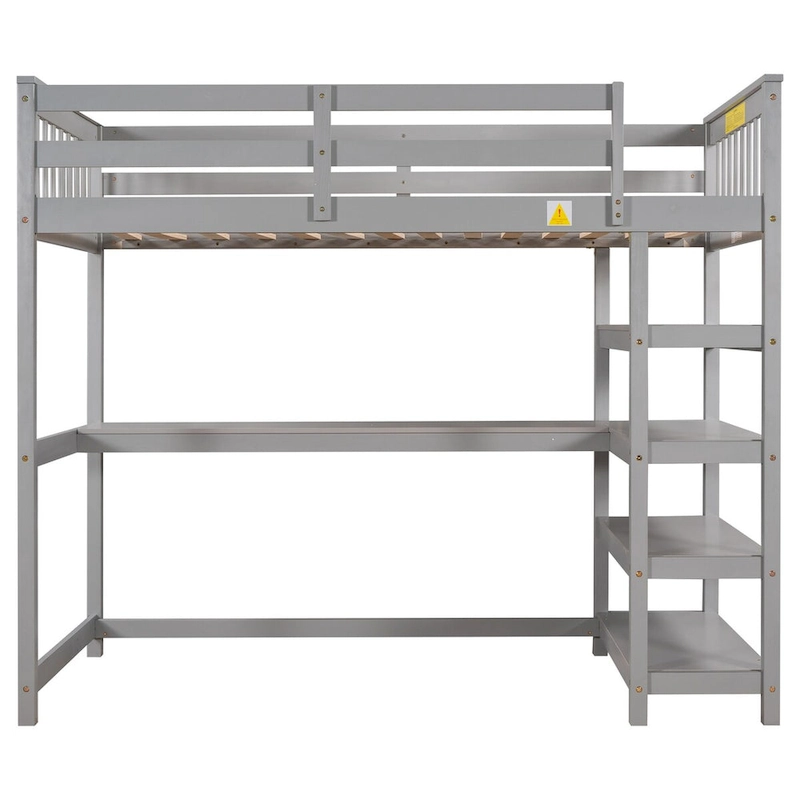 Gray Twin Solid Wood Loft Bed with Desk, Shelves, Guardrails