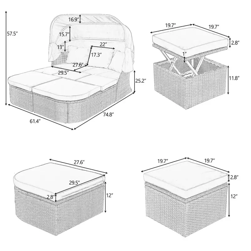 Modular Daybed Sunbed Patio Canopy Bed Wicker Conversation Set