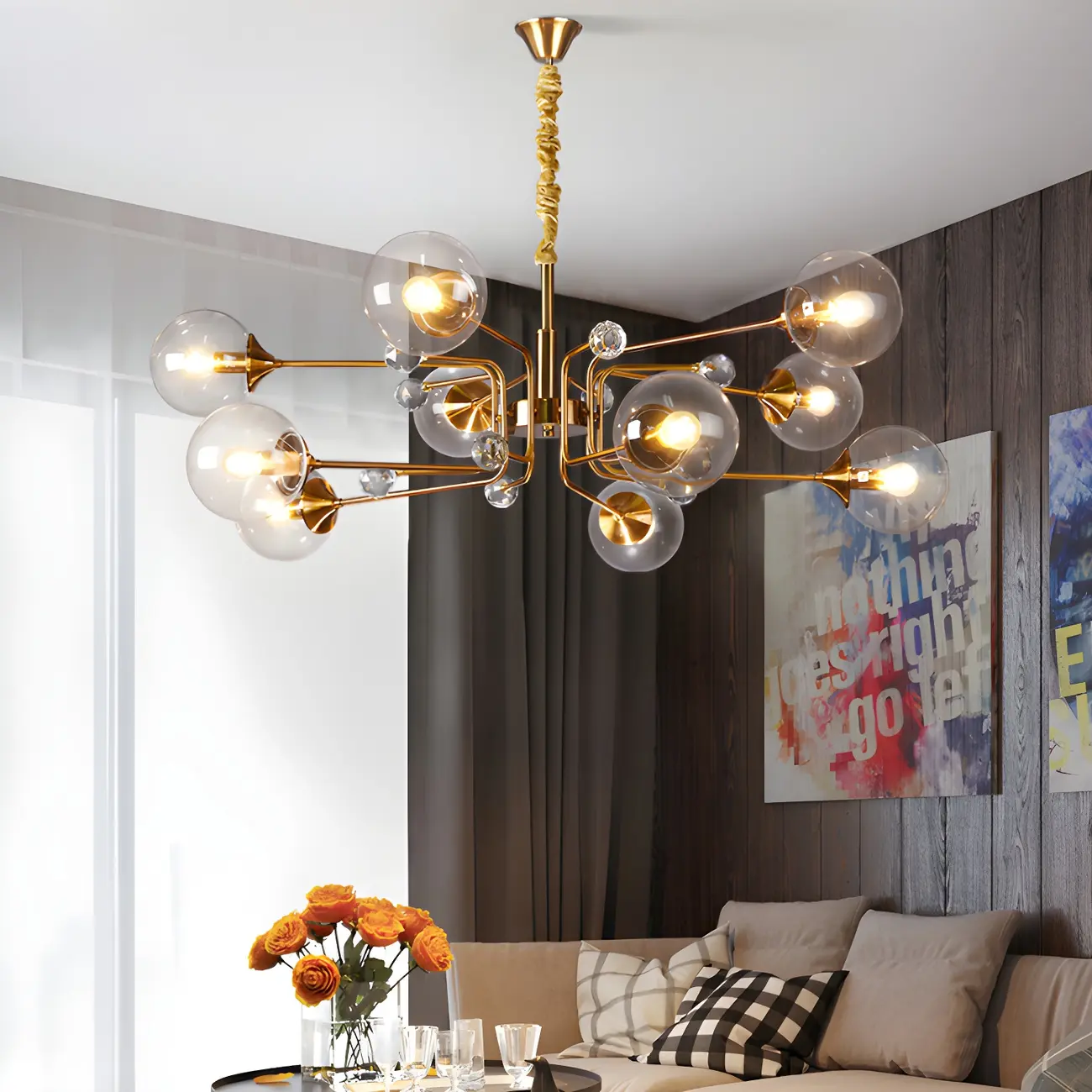 8-Light Mid-Century Modern Glass Globe Chandelier