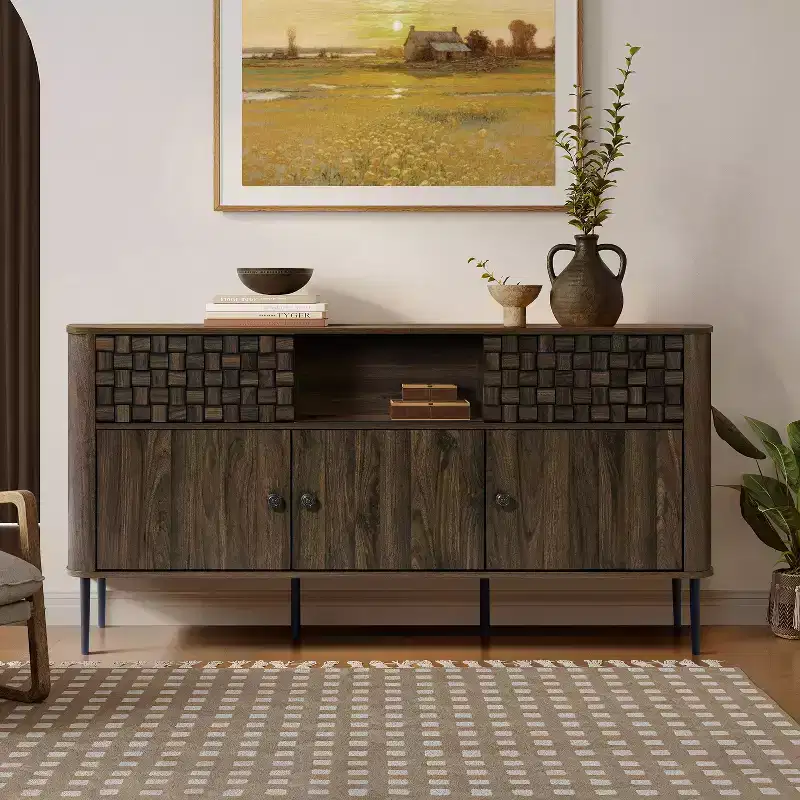 Dark Oak Mid-Century Modern 3-Door Sliding Sideboard Buffet Cabinet