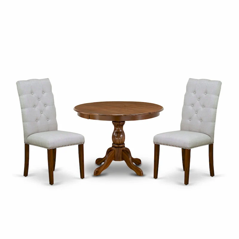 3 Piece Dining Table Set Contains a Round Dining Table and 2 Linen Fabric Parson Chairs, (Finish Options)