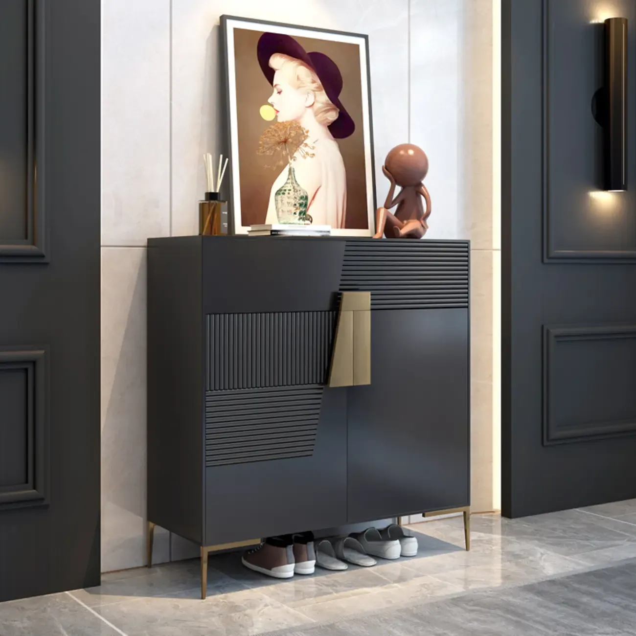 Elegant Fluted Entryway Shoe Cabinet with Drawer