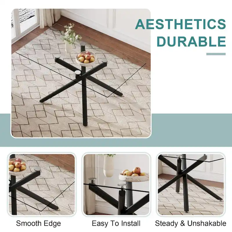 Rectangular Glass Dining Table with Black Metal Legs - 6-8 Person