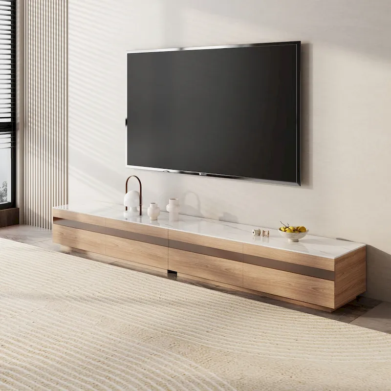 Modern Light Wood TV Stands, Glossy Stone Table-top, 3-6Drawers, Fully Assembled