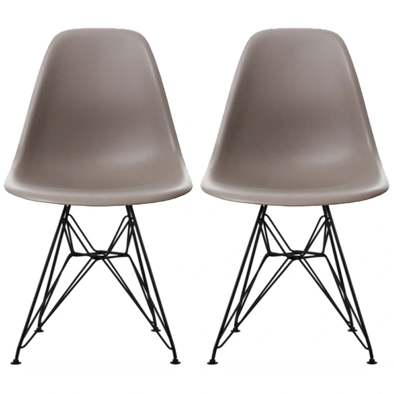 Set of 2 Mid-Century Modern Dining Side Chairs Armless Plastic Shell Seat with Black Metal Wire Eiffel Base, White