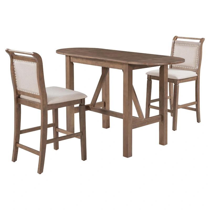 3-Piece Wooden Counter Height Dining Table Set with Drop Leaf Table & 2 Chairs