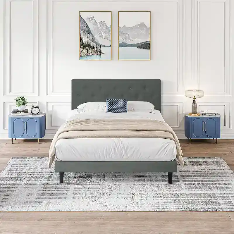 Dark Gray Twin Size Upholstered Bed Frame with Button Tufted Linen Headboard