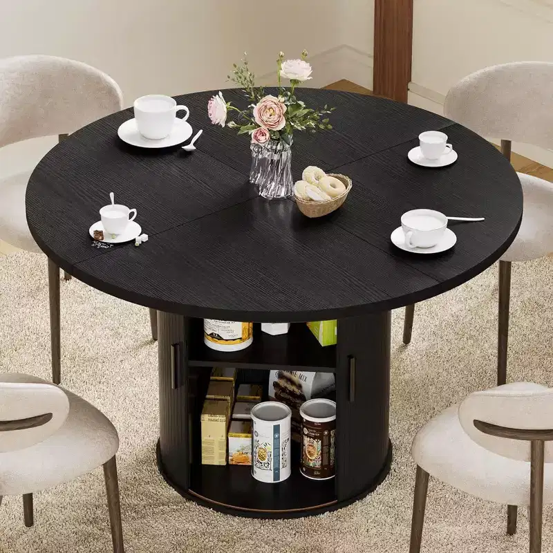 Hommpa 48 Round Dining Table with Storage - Adjustable 3-Level Shelf, Modern Farmhouse, Seats 4-6