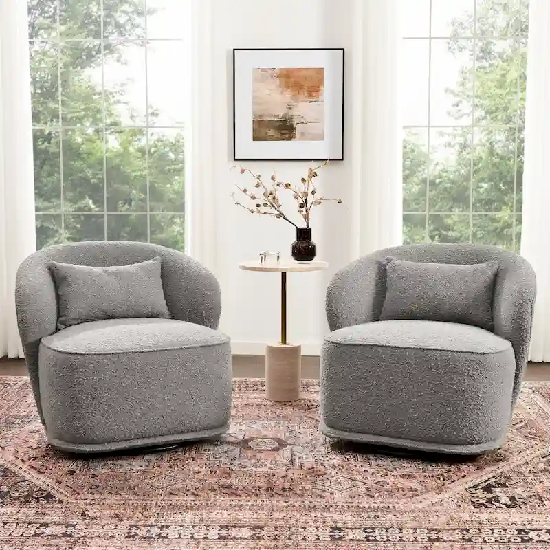 KINWELL 33 W Sherpa Boucle Upholstered Accent Swivel Chair (Set of 2)