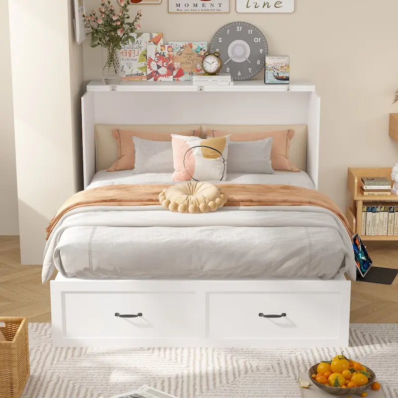 Modern Wood Full Murphy Bed Chest in White Finish Dresser 2-1 Cabinet