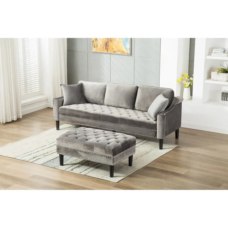 Modern Tufted Fabric Upholstered Sofa with Ottoman