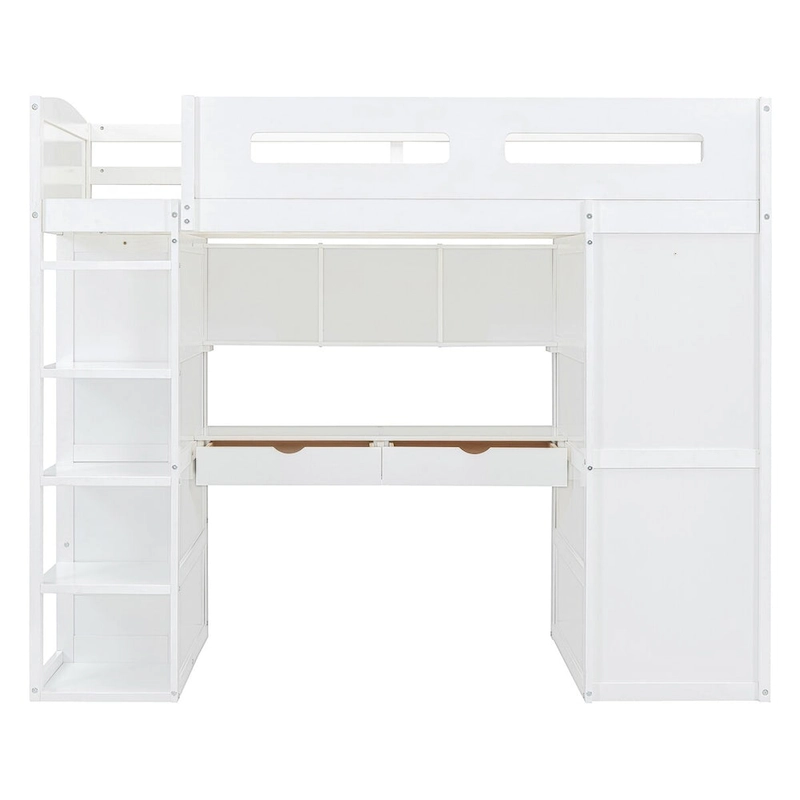 Merax Loft Bed with Desk, Wardrobes, 4 Drawers and 4 Shelves