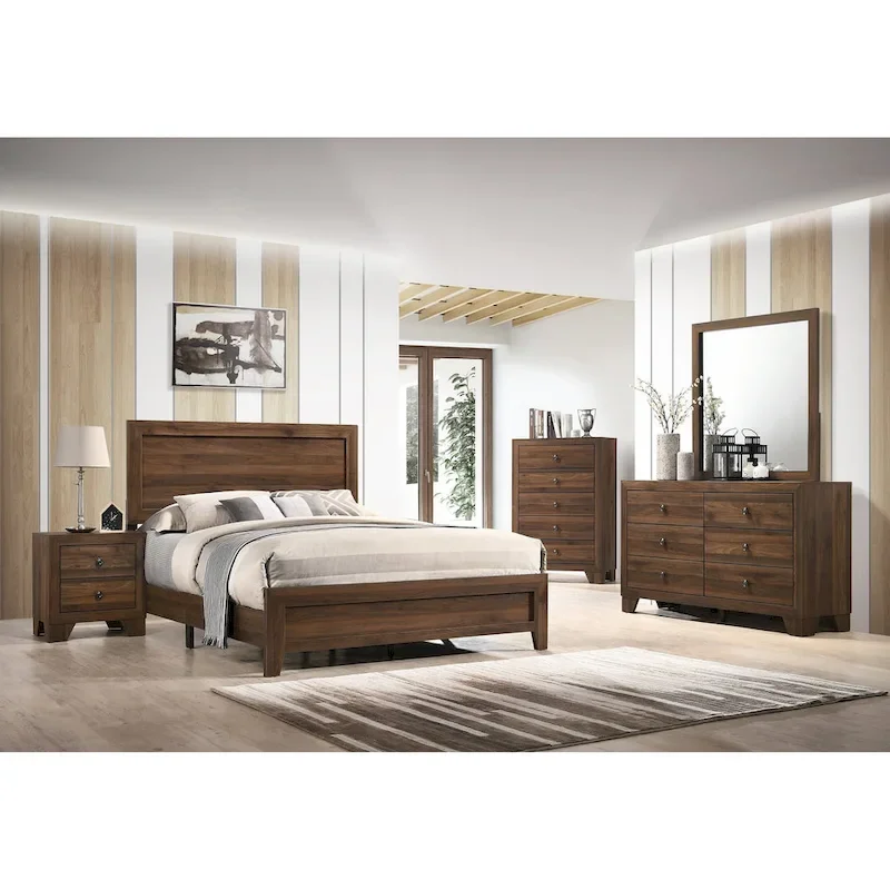 Linette 5 Piece Cherry Brown Panel Bedroom Set