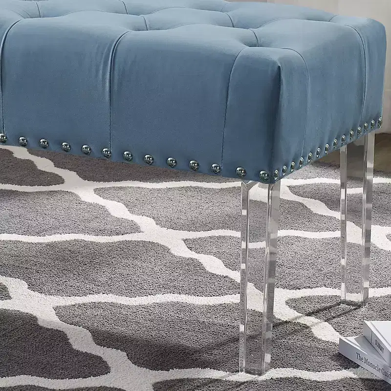 Roundhill Furniture Valley Button tufted Velvet Upholstered Bench With Acrylic Leg, Blue