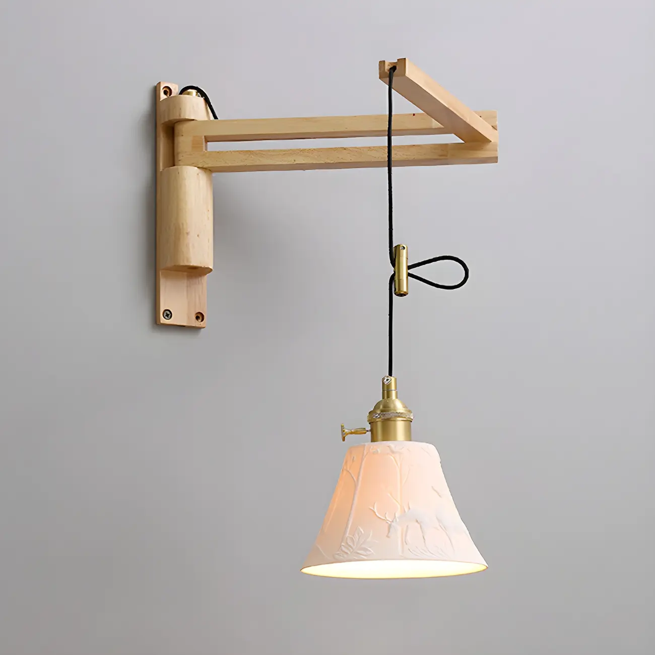Rustic Cylinder Wall Sconce with Wood Arm for Bedroom Decor