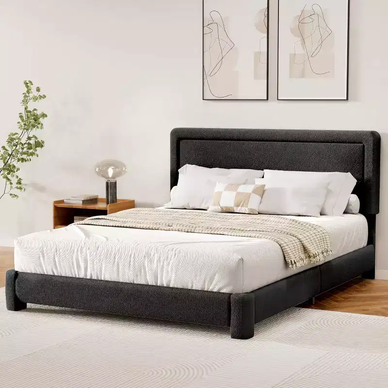 Dyonery Boucle Bed Frame,Black Upholstered Teddy Fabric Bed Frame with Headboard,No Box Spring Required, Adjustable Headboard, Easy Assembly