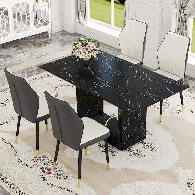 Black Marble Pattern Dining Set - 5 Piece with 4 PU Chairs (63