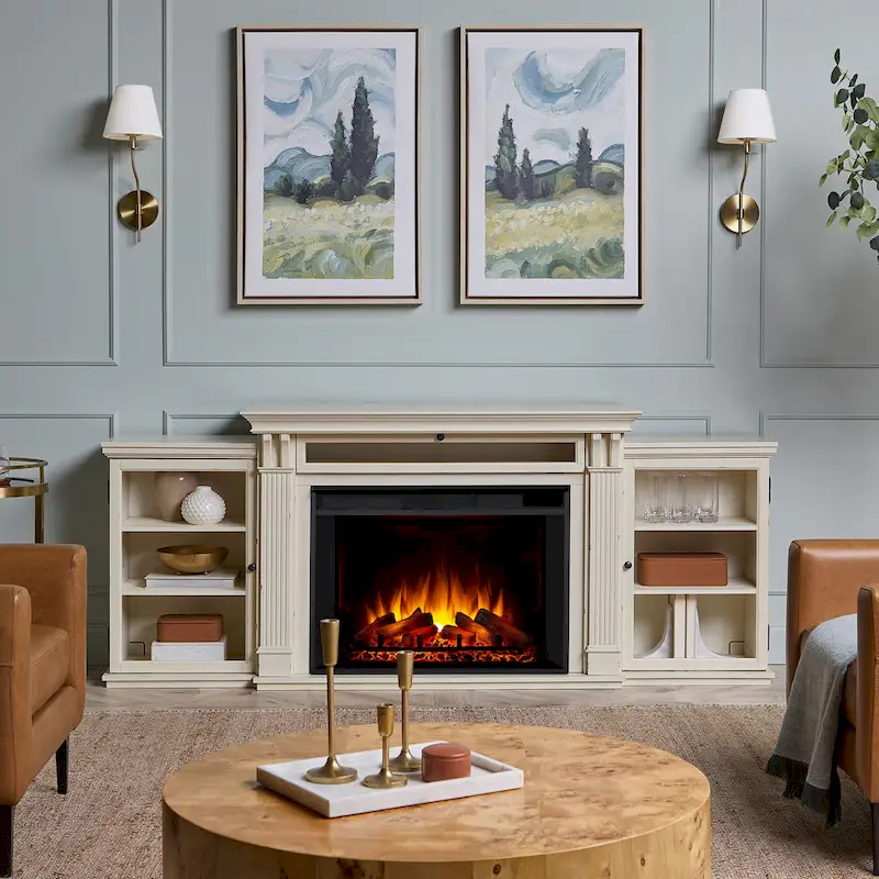 Tracey 84   TV Stand Electric Fireplace in Distressed White by Real Flame