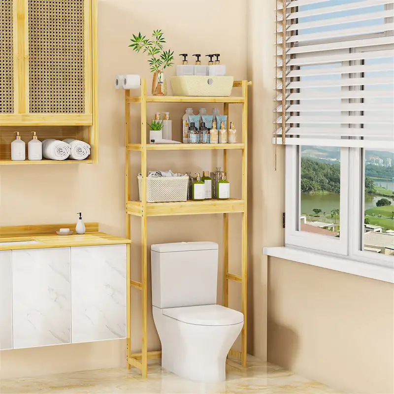 Over Toilet Shelf Space-saving Bamboo Bathroom Cabinet Rack Adjustable