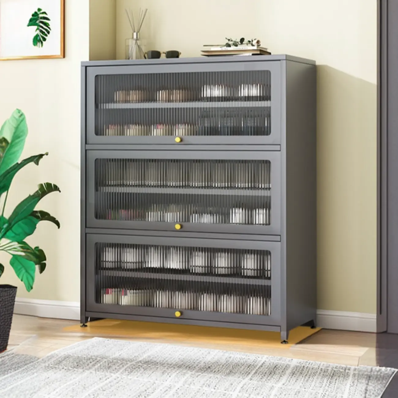 Flip-up Vertical White Shoe Storage with Glass Doors