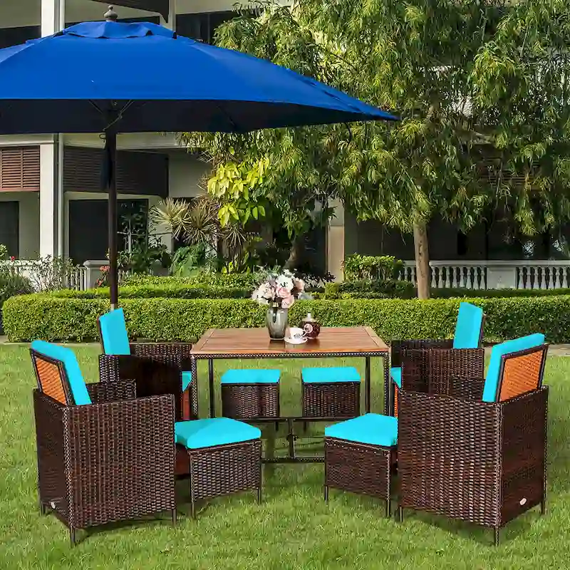 Costway 9PCS Patio Rattan Dining Set Cushioned Chairs Ottoman Wood - See Details