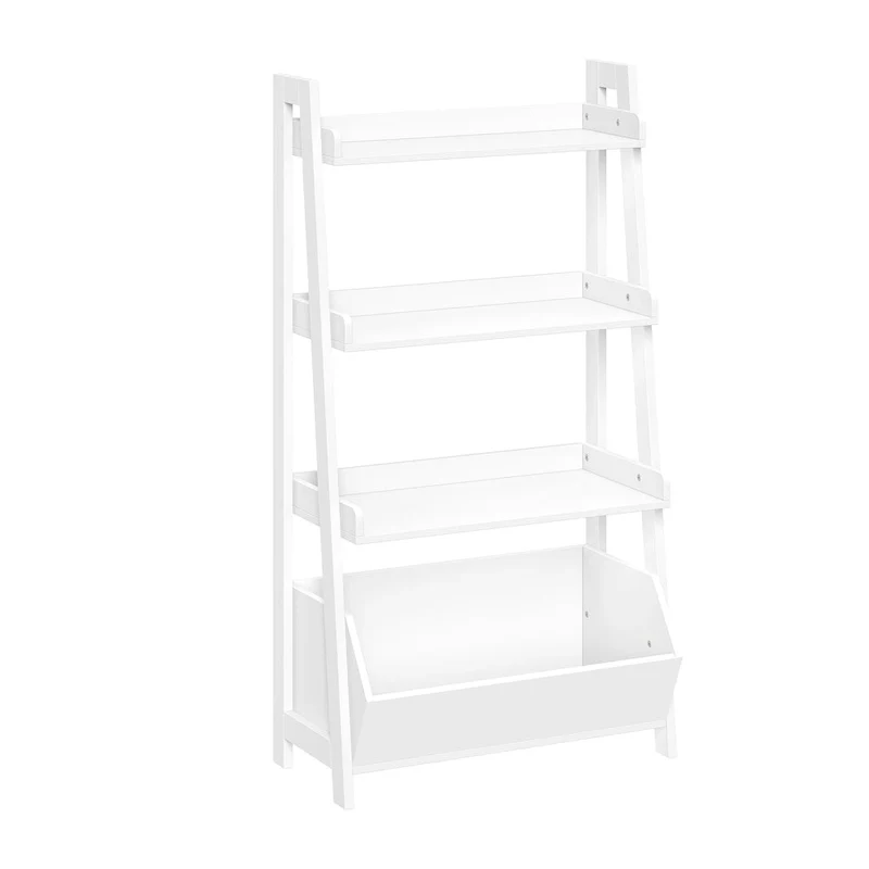 4-Tier 24in Ladder Shelf with Display Shelf and Storage Organizer Bin - White with 2 10 Floating Bookshelves