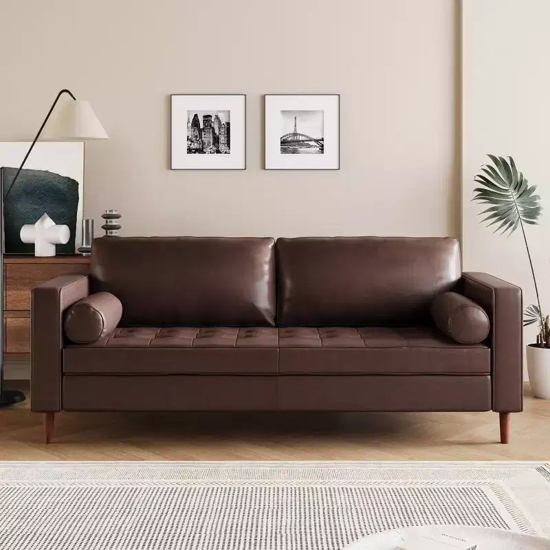 Whisen PU Leather 3-Seat Sofa, Mid-Century Modern Sofa Couch with Tufted Design, Solid Wood Legs, 2 Bolster Pillows