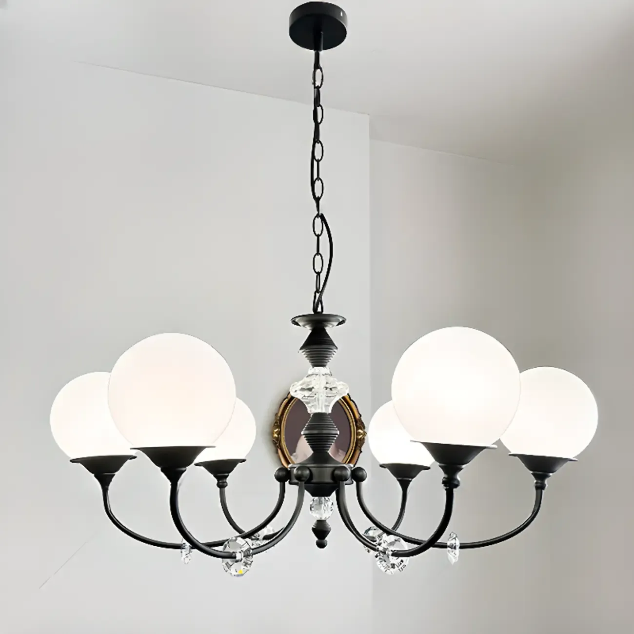 Modern Black 6-Light Glass Globe Chandelier with Crystal Accents