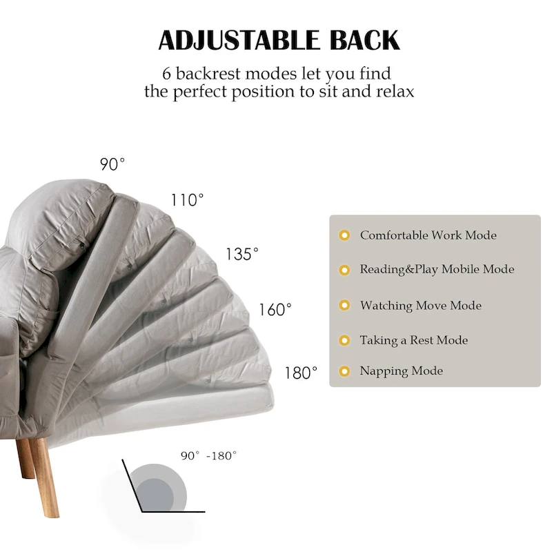 Velvet Fabric Armchair with Ottoman with Adjustable Backrest and Side Pockets